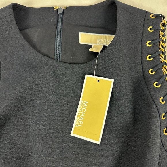 Michael Kors Womens Sleeveless Dress With Gold Chain Detail Size 10 New Navy - Picture 7 of 11